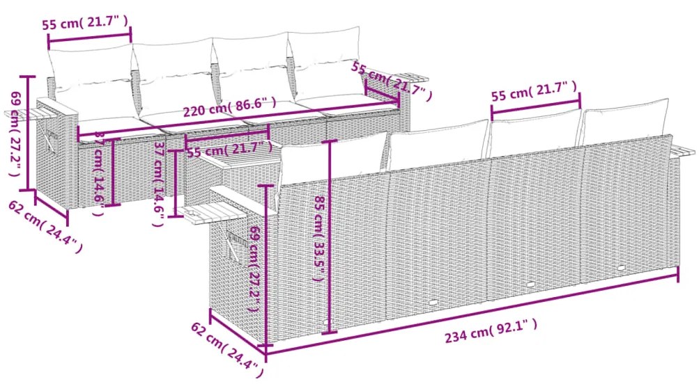 Set divani da giardino 9 pz con cuscini nero in polyrattan