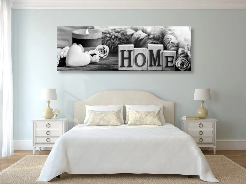 Quadro su tela – Natura morta con scritta Home in bianco e nero