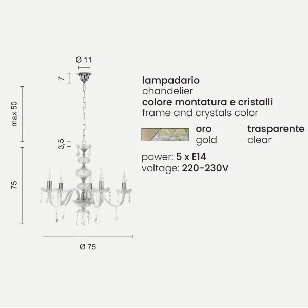 Lampadario sospeso DALLAS D75 cm in cristallo con finiture oro da 5 luci
