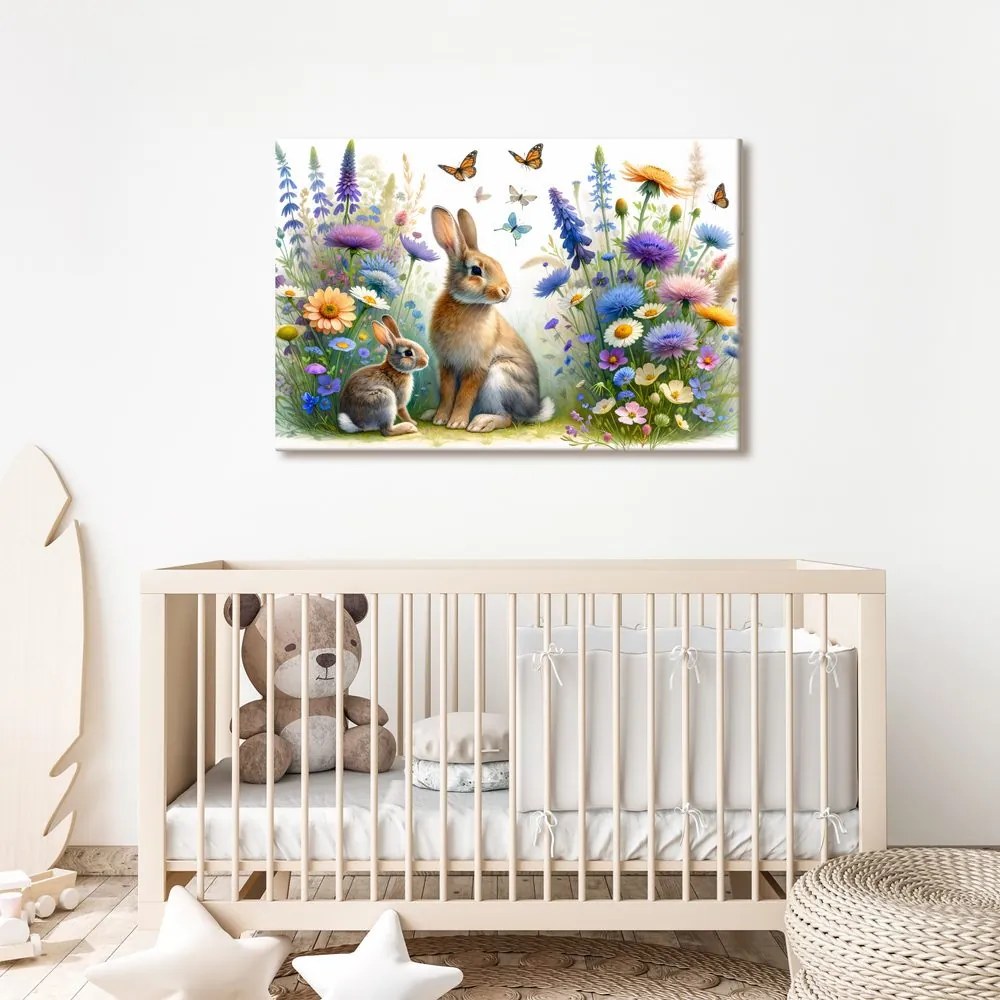 Quadro su tela – Coniglietti su prato fiorito di primavera