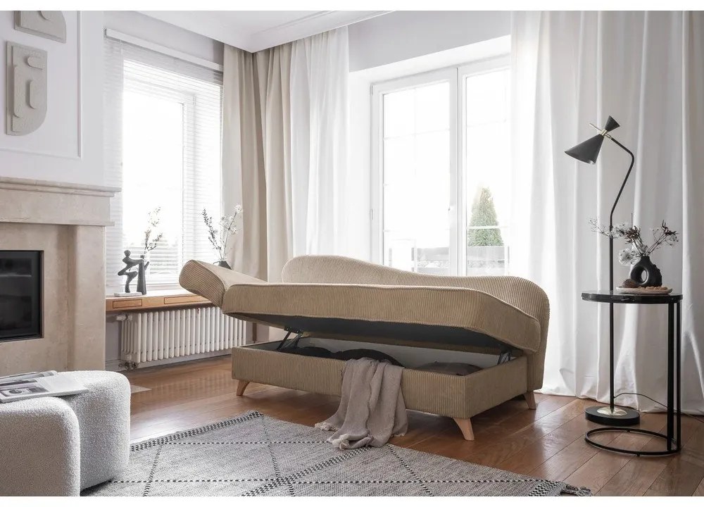 Chaise longue grigio tortora (con penisola a sinistra) con rivestimento in velluto a coste Chic Charlotte – Miuform