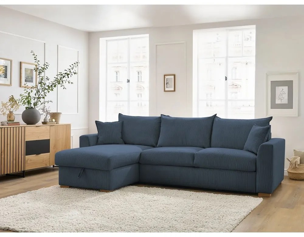 Divano angolare in blu scuro allungabile (con composizione variabile) con rivestimento in velluto a coste Augustin – Bobochic Paris