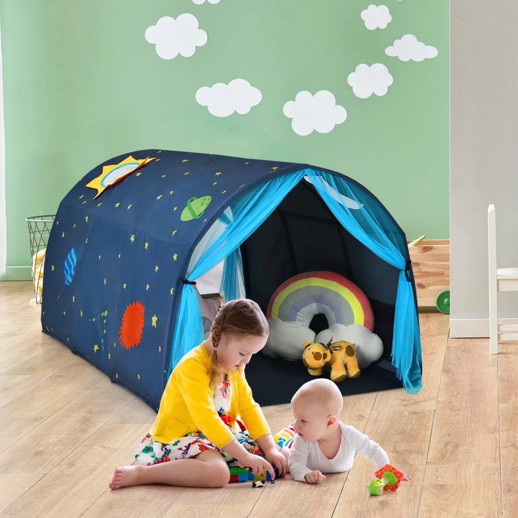 Costway Tenda da gioco per letto dei bambini con borsa di trasporto, Casetta portatile con doppia tenda a rete Blu