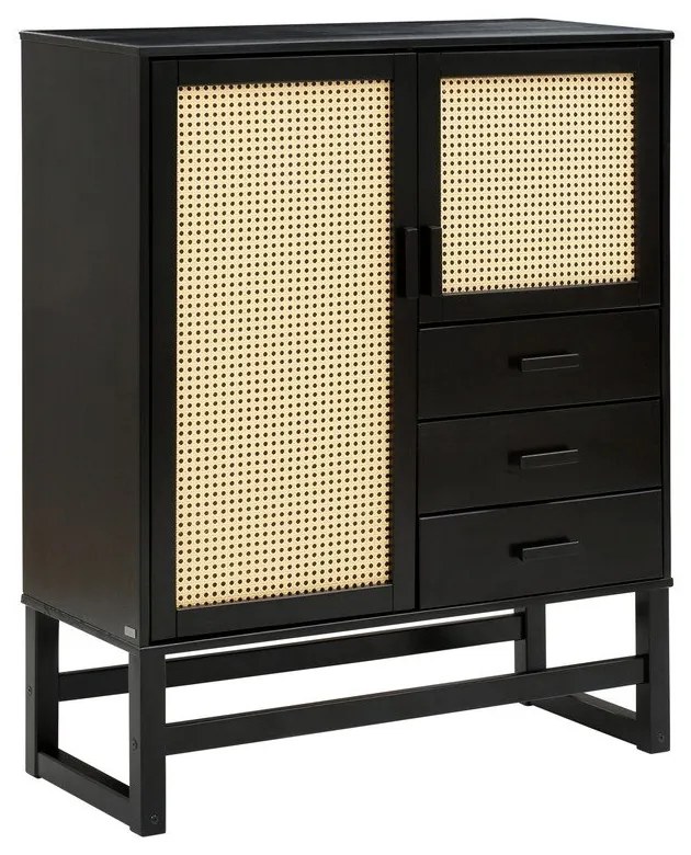 Cassettiera in legno di pino nero con ante in rattan , larghezza 90 cm Jolene - Støraa