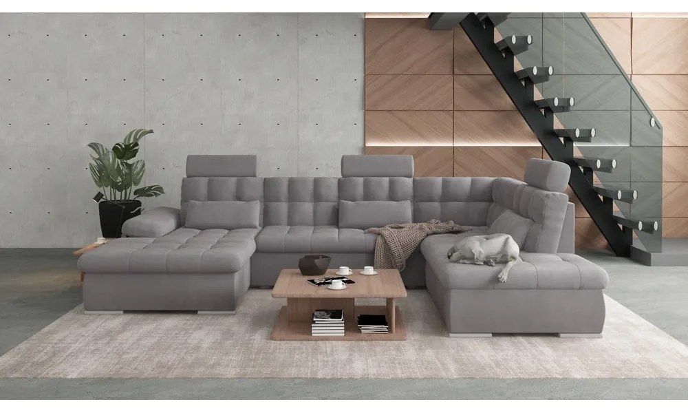 Divano angolare grigio allungabile e con contenitore (con penisola a destra/a U) Merkur – Ropez