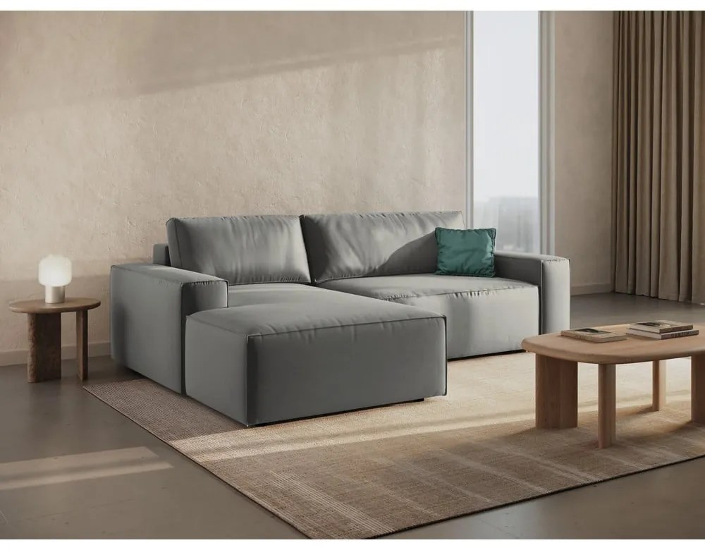 Divano angolare grigio chiaro allungabile/con contenitore (con penisola a sinistra/con chaise lounge) con rivestimento in velluto Jodie – Micadoni