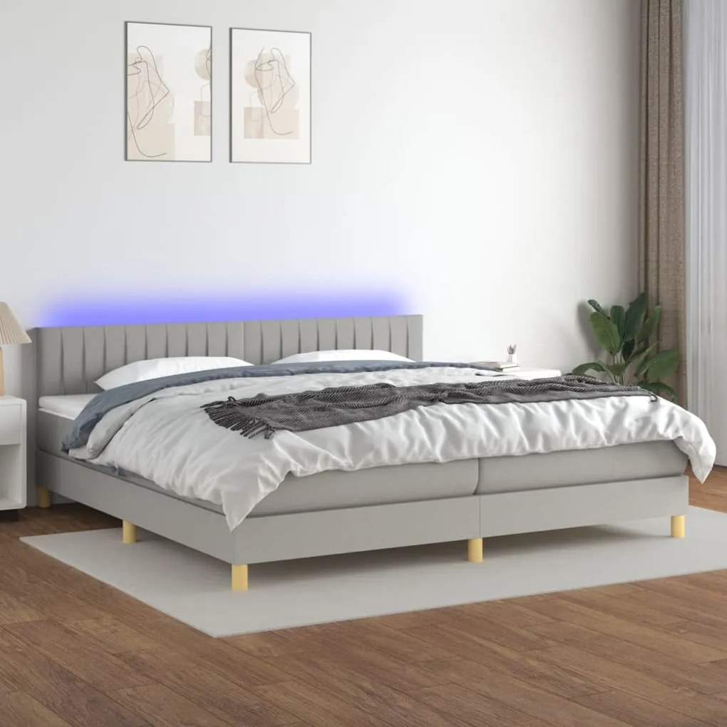 Letto a molle materasso e led grigio chiaro 200x200 cm tessuto