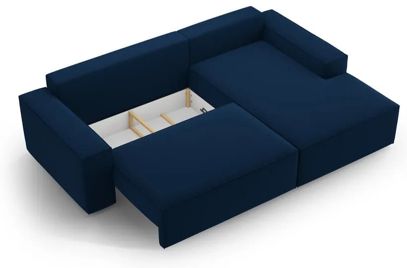 Divano angolare blu scuro allungabile/con contenitore (con penisola a destra/con chaise lounge) con rivestimento in velluto Jodie – Micadoni