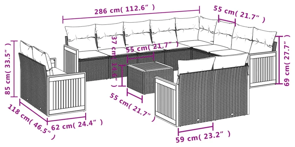 Set divani da giardino 13 pz con cuscini grigio in polyrattan