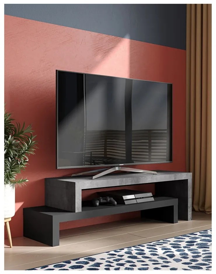 Tavolo TV doppio nero con decoro in cemento , 125 x 40 cm Cliff - TemaHome