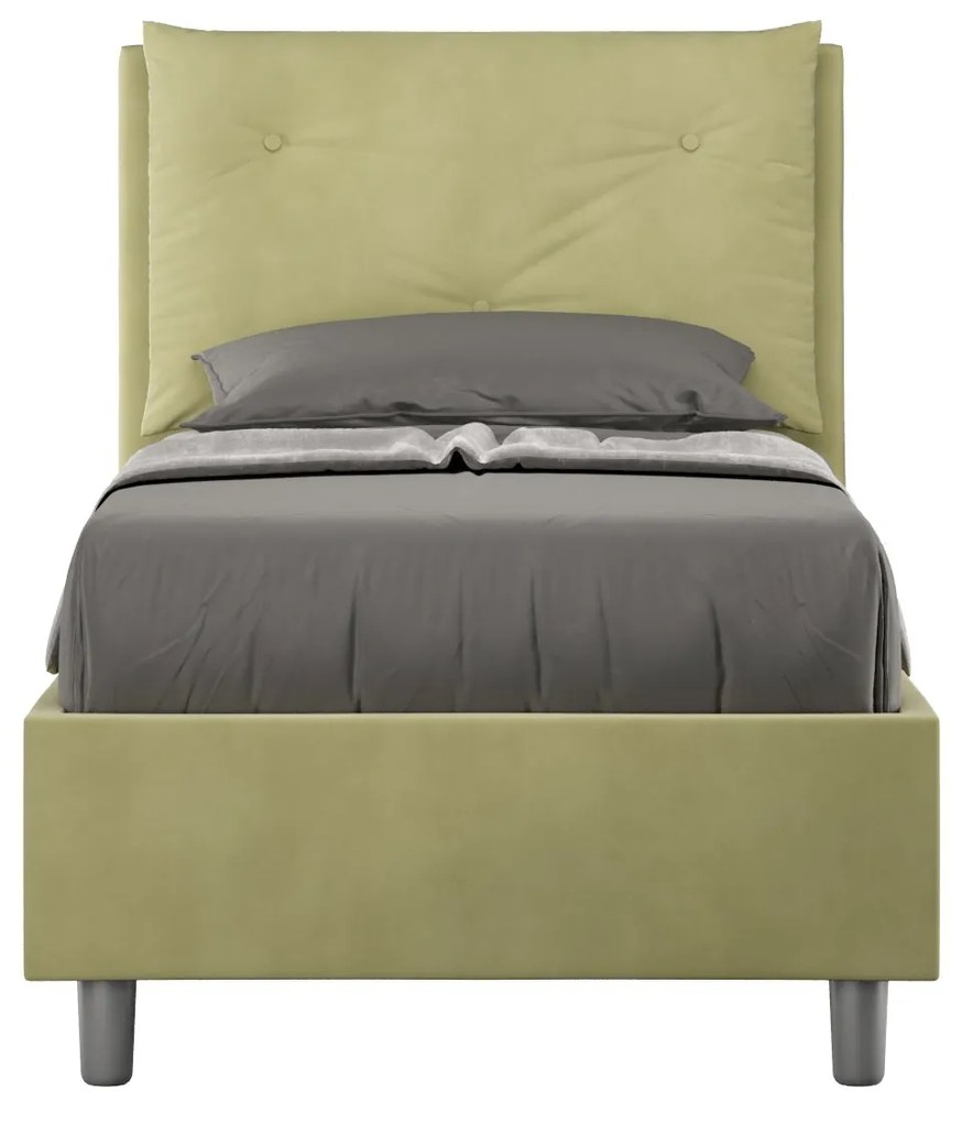 Letto singolo imbottito 80x210 microfibra Appia senza rete, con rete e contenitore, Tè Verde / Contenitore