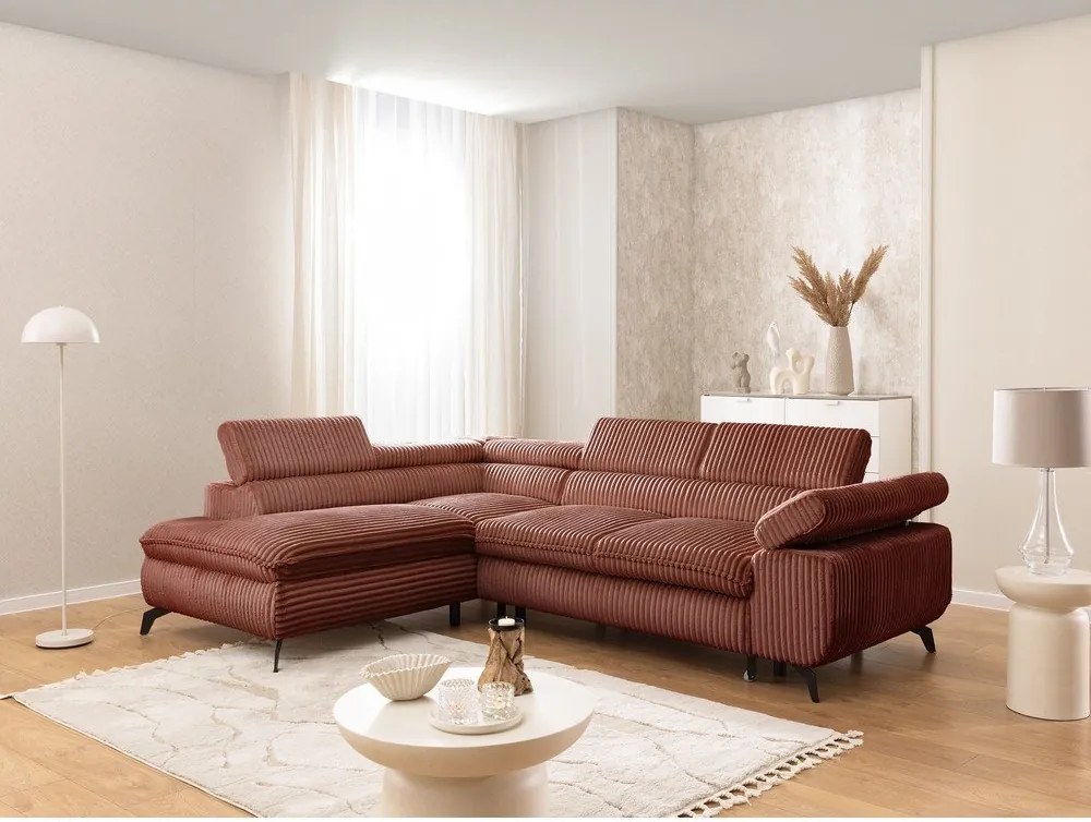 Divano angolare color terracotta (con penisola a sinistra/a L) con rivestimento in velluto a coste Marbeya – Ropez