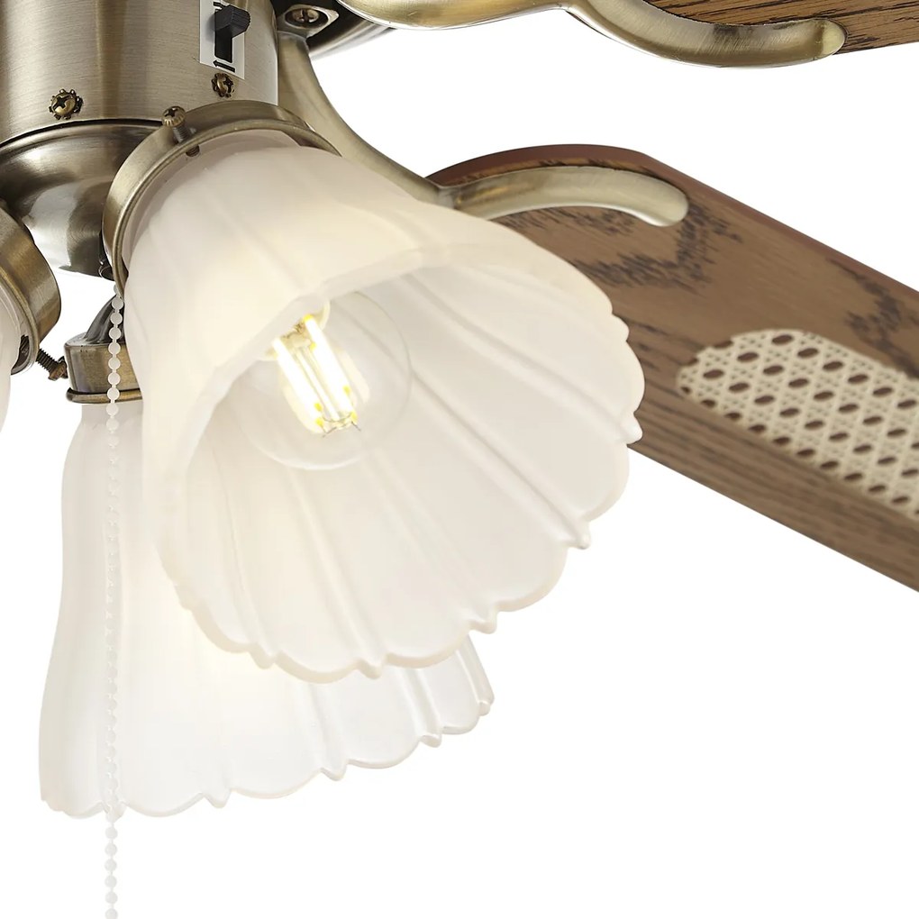 Ventilatore da soffitto in ottone con stampa legno e rattan 105 cm con interruttore a tirante - Mistral Lia