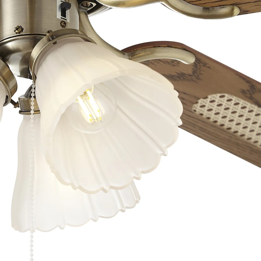 Ventilatore da soffitto in ottone con stampa legno e rattan 105cm con interruttore a tirante - Mistral Lia