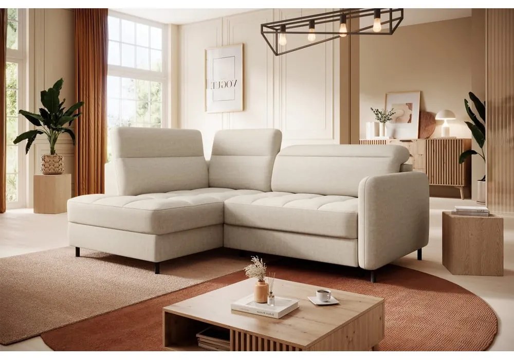 Divano angolare beige allungabile/con contenitore (con penisola a sinistra/a L) e rivestimento in velluto Barea – ELTAP