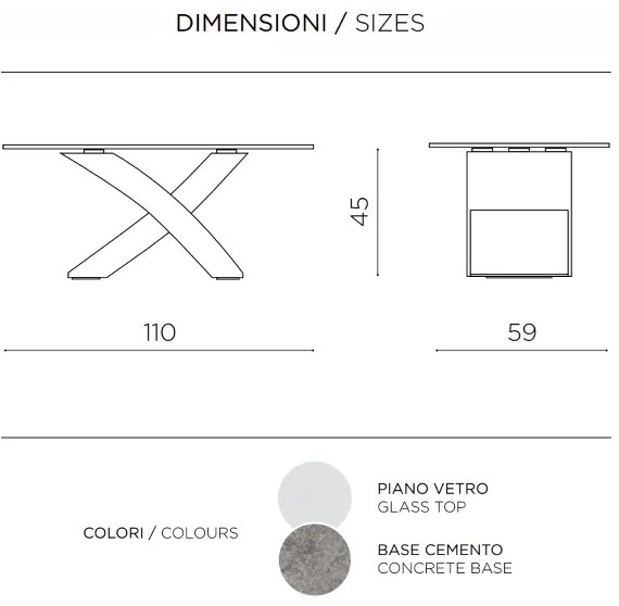 Tavolino piano in vetro ovale TITO con base color CEMENTO