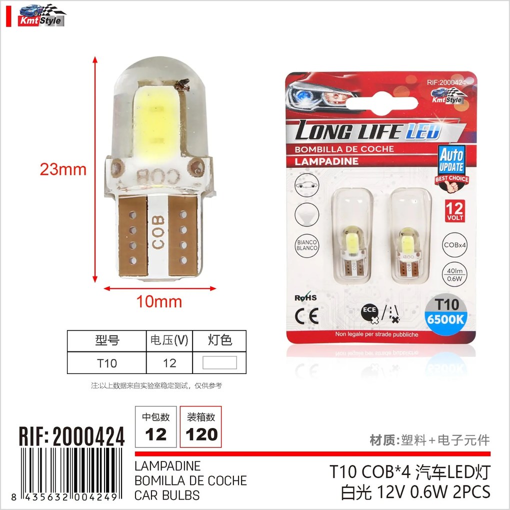 8 Pezzi Lampada Led T10 W5W 4 COB 12V 0.6W 40lm Bianco Freddo 6500K 23mm