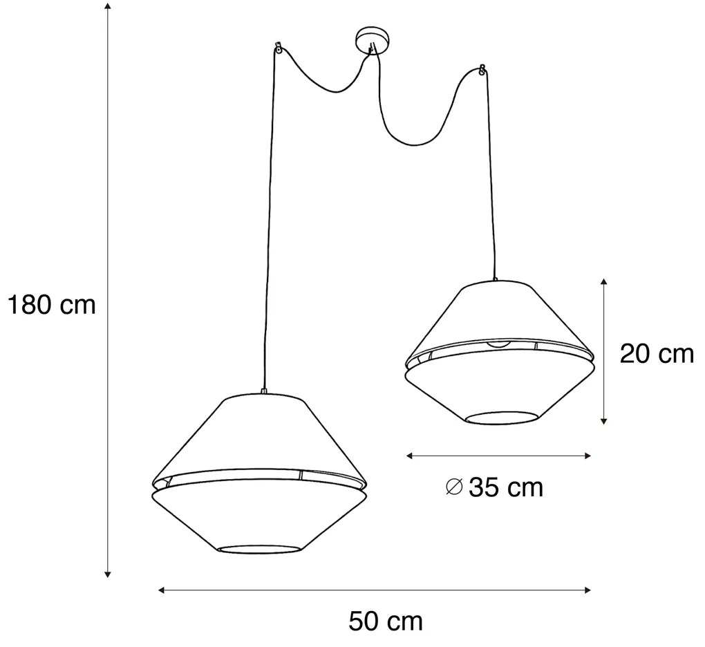 Lampada a sospensione nera con doppio paralume in velluto verde con interno dorato 2 luci - Cava Luxe