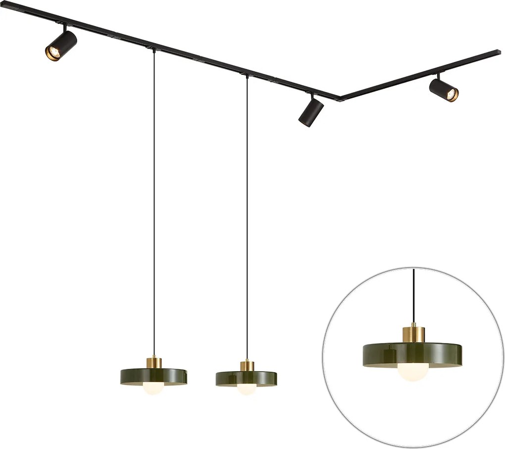 Sistema a binario moderno nero con 2 lampade a sospensione verdi e 3 faretti monofase - Iconic Jeana Luxe Jina