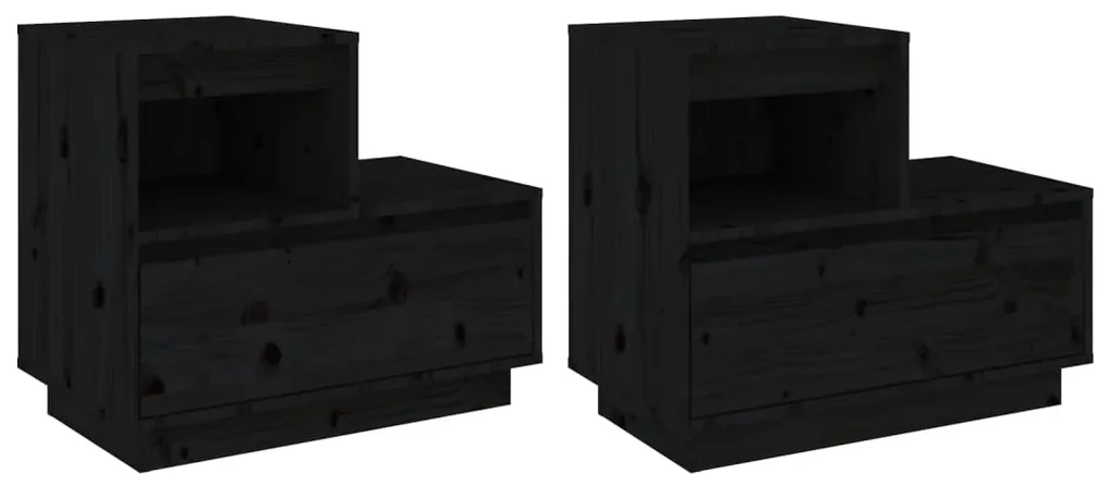 Comodini neri 2 pz 60x34x51 cm in legno massello di pino