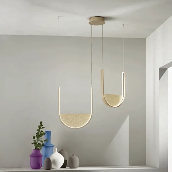 Lampada a sospensione LOTUS 2 Luci LED con inserto in vetro granigliato 90 cm ORO