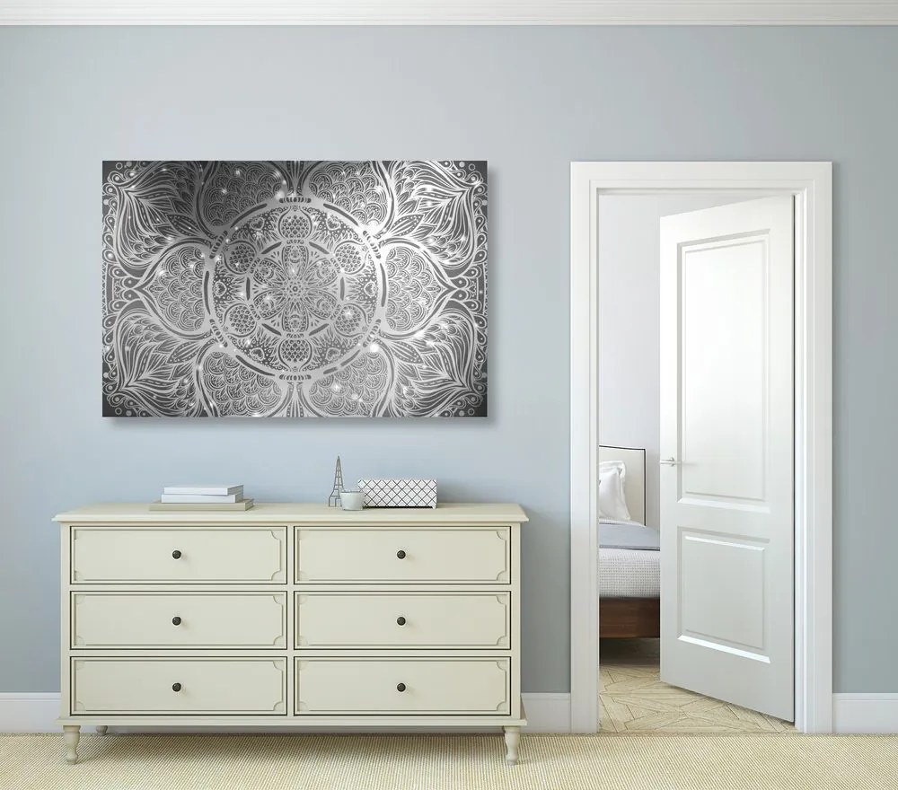 Stampa su tela – Mandala indiana con sfondo galattico in bianco e nero