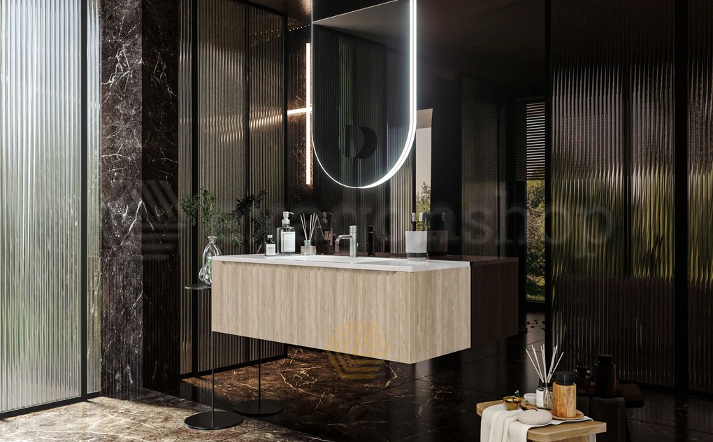 Mobile Bagno Teak 120x50 Amalfi Un Cassetto E Lavabo Integrato In Mineralmarmo