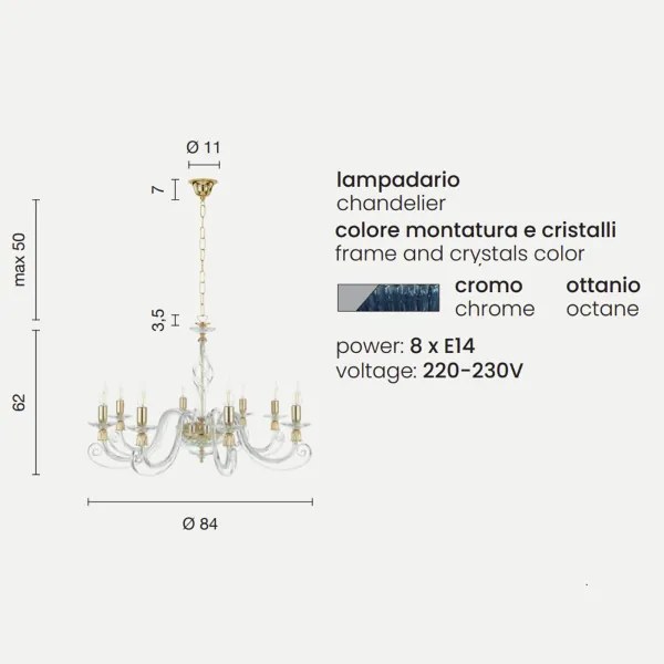 Lampadario a sospensione 1306 in vetro soffiato lavorato a mano 8 luci OTTANIO