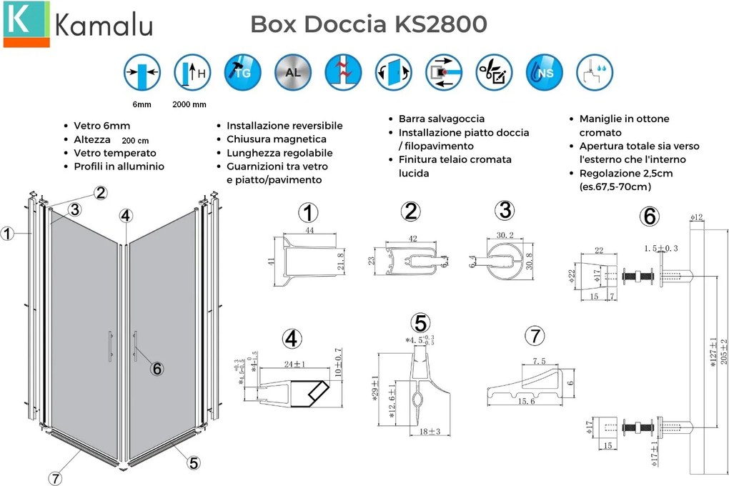 Box doccia angolare 70x90 due ante battenti finitura cromo | KS2800 - KAMALU