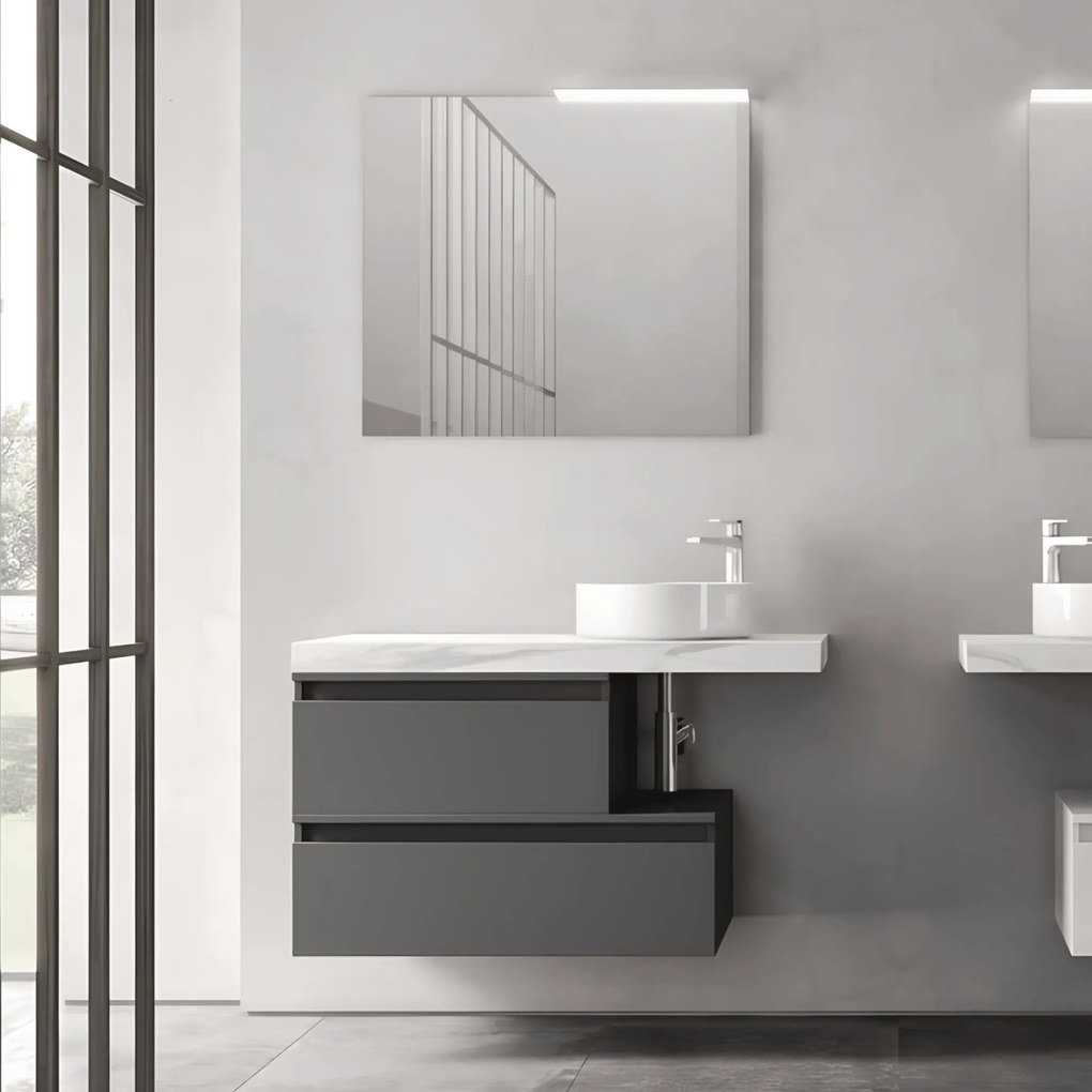 Mobile Bagno Sospeso Sfalsato 100 Cm Due Cassetti Specchio Con Lampada Led 81x70 Cm Savini "Ninfa"