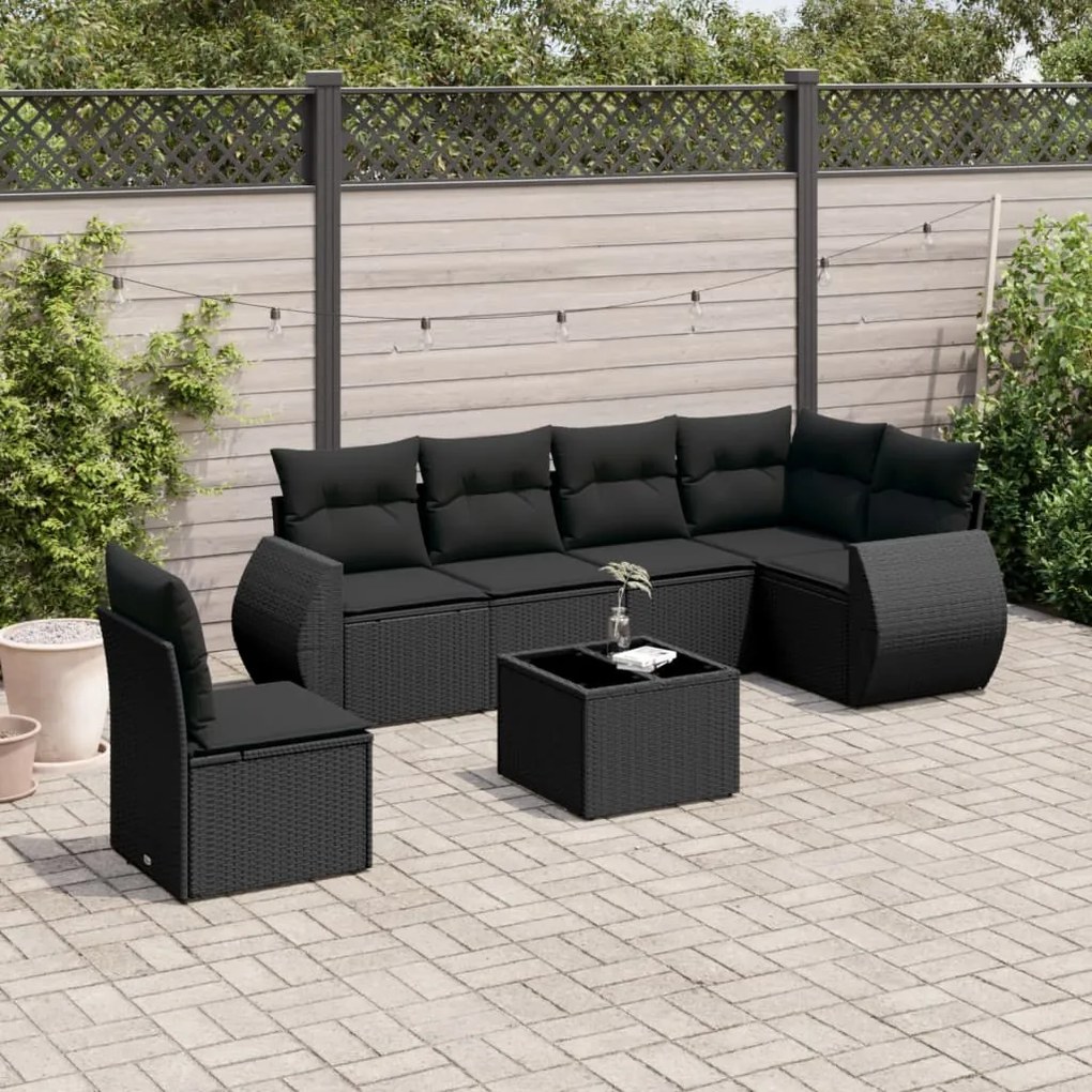 Set Divani da Giardino con Cuscini 7pz Nero Polyrattan