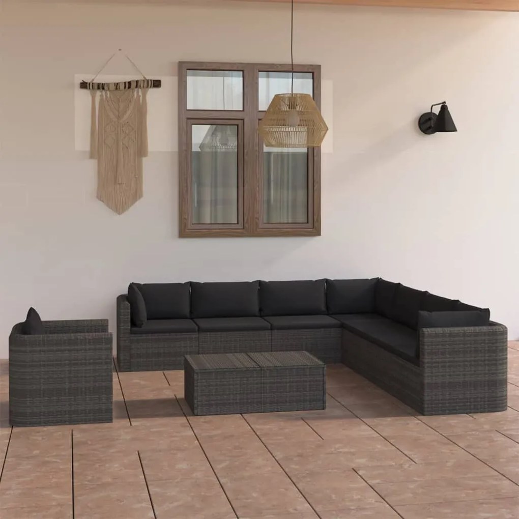 Set divani da giardino 9 pz con cuscini in polyrattan grigio