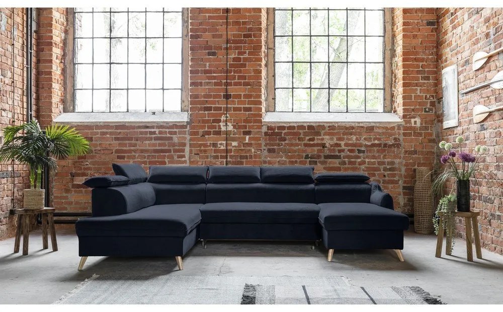 Divano letto angolare a U in velluto blu scuro (angolo sinistro) Sweet Harmony - Miuform