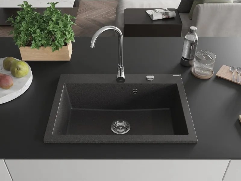 Mexen Elix lavello da cucina in granito 1-vasca 700 x 500 mm, nero maculato, sifone cromato - 6526701005-76