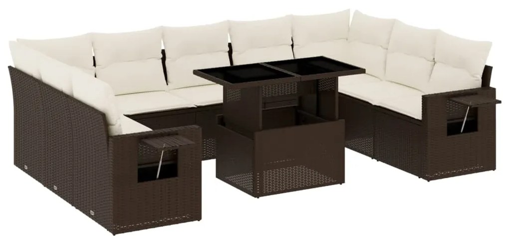 Set divani da giardino 10pz con cuscini in polyrattan marrone