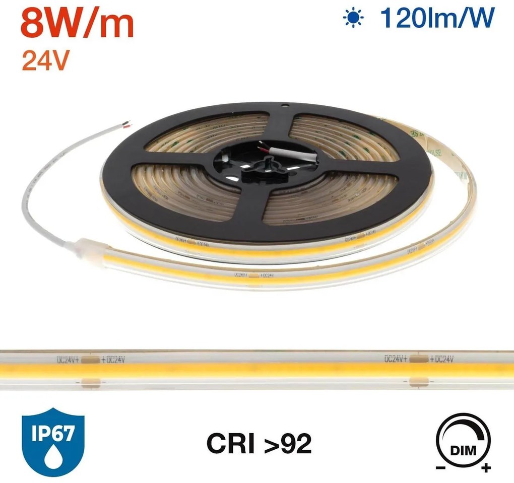 Striscia LED COB 8W/m 24VDC IP67 5m Professional Colore Bianco Naturale 4.000K