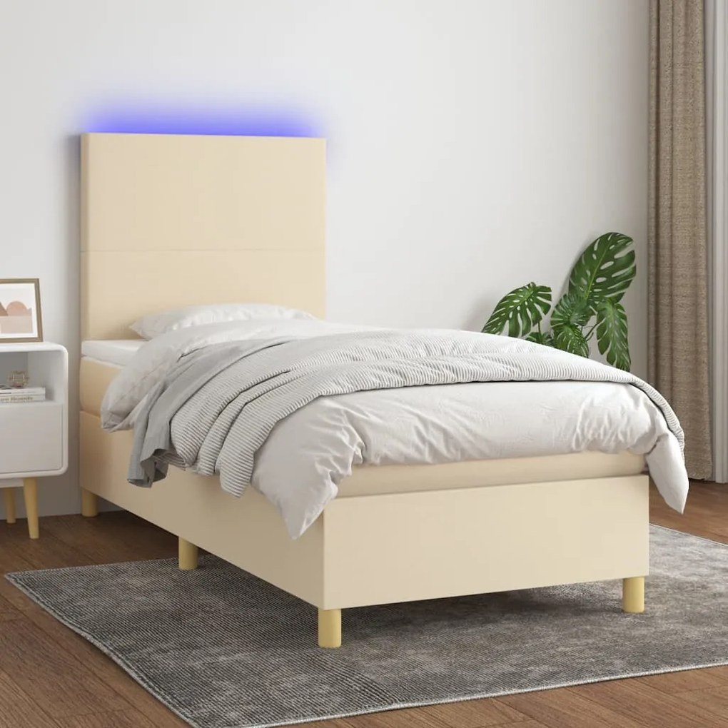 Letto a molle con materasso e led crema 90x200 cm in tessuto