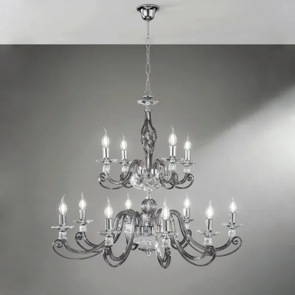 Lampadario a sospensione D93 cm 1306 in vetro soffiato lavorato a mano 8+4 luci FUME