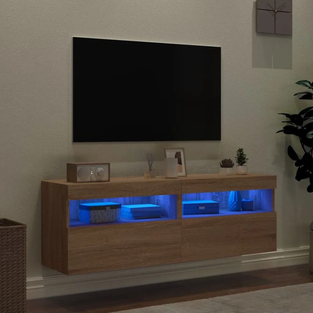 Mobili tv a parete con luci led 2pz rovere sonoma 60x30x40 cm