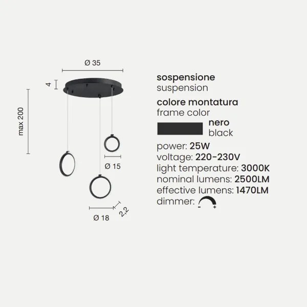 Lampada a sospensione in metallo verniciato 3 Luci NERO a Led PINTA