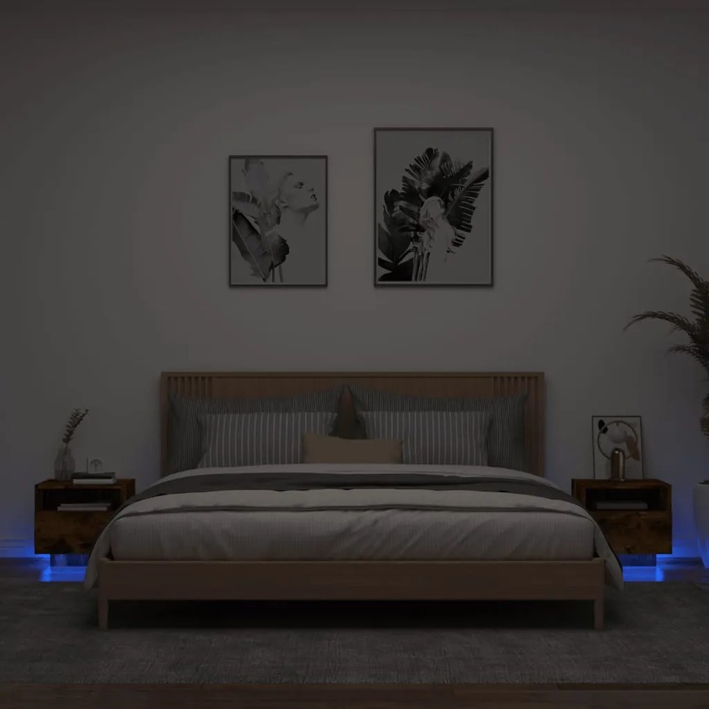 Comodini Con Luci Led 2pz Rovere Fumo 40x39x37 Cm /