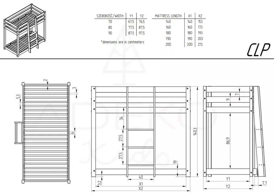 Letto a castello in legno di pino 70x160 cm CLP - Adeko