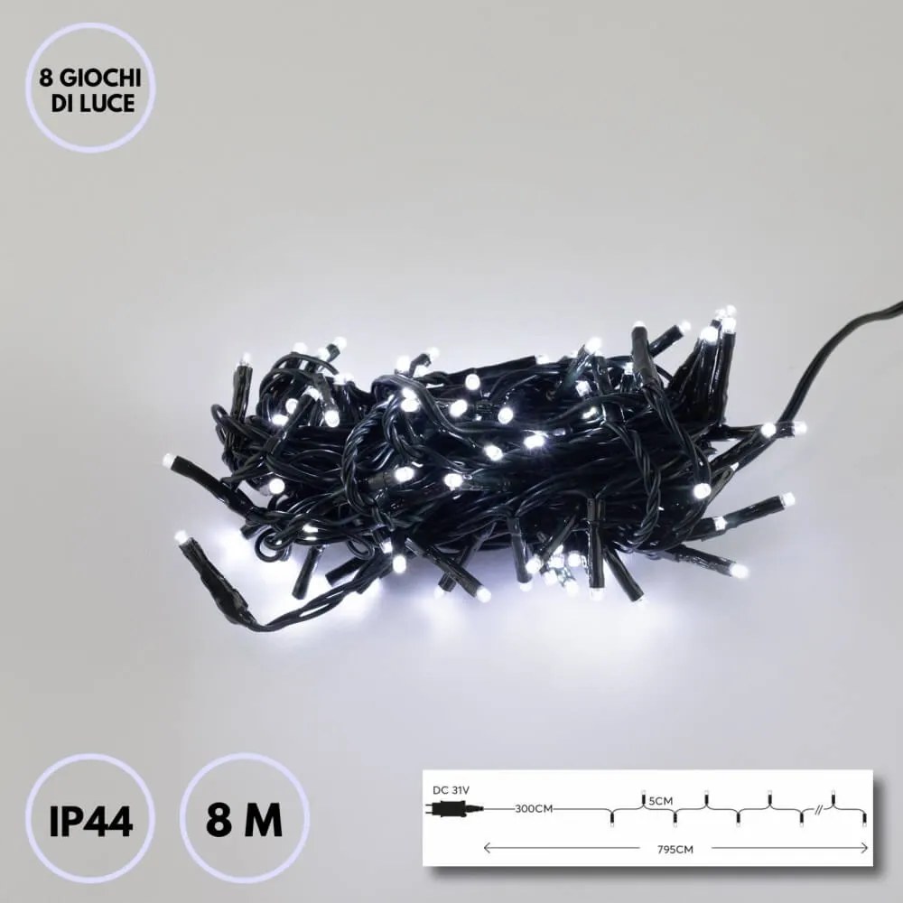 Catenaria Natalizia LED 8m con 8 GIOCHI DI LUCE, IP44 Cavo VERDE Colore Bianco Freddo 7500 - 8500 °K
