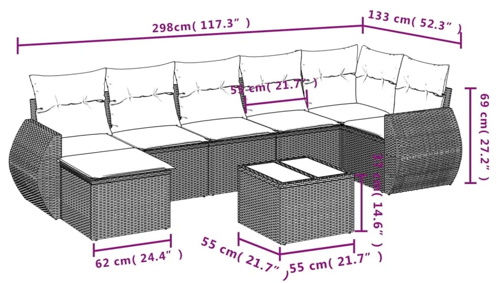 Set divano da giardino 8 pz con cuscini grigio in polyrattan