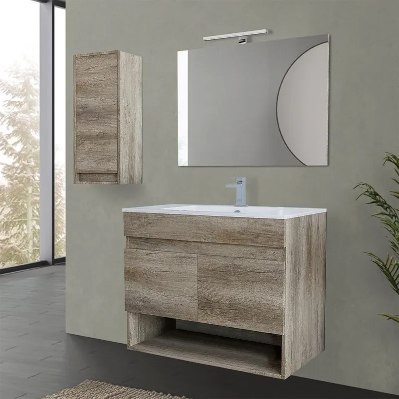 Mobile Bagno Sospeso Moderno 100 Cm Rovere Tabacco Con Lavabo Ceramica Specchio Retroilluminato E Colonna Mod Berlino