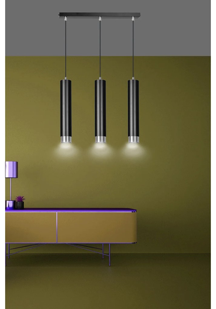 Lampadario 3 Luci Brunilde In Acciaio Nero E Tubolari In Nero E Cromo