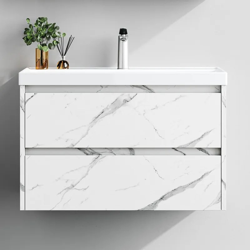 Kamalu - Mobile bagno sospeso 80 cm finitura marmo e specchio contenitore | KAM-VV80
