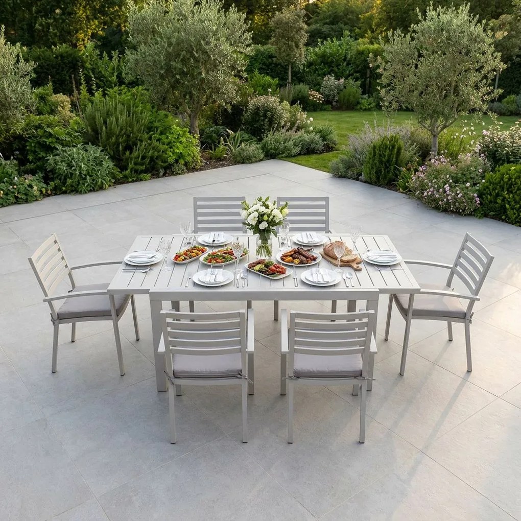 DEXTER - set tavolo in alluminio cm 160/240 x 90 x 75 h con 4 sedie e 2 poltrone Dexter