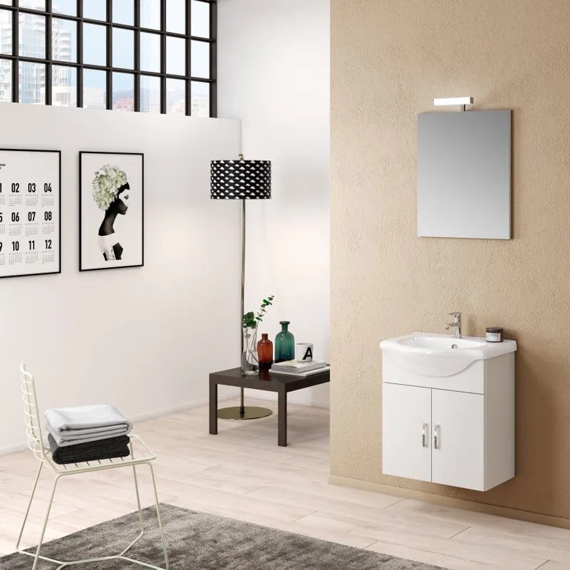 Mobile sottolavabo, lavabo e specchio con illuminazione Jolly bianco frassino L 56 x H 64 x P 43 cm 1 vasca, 2 ante