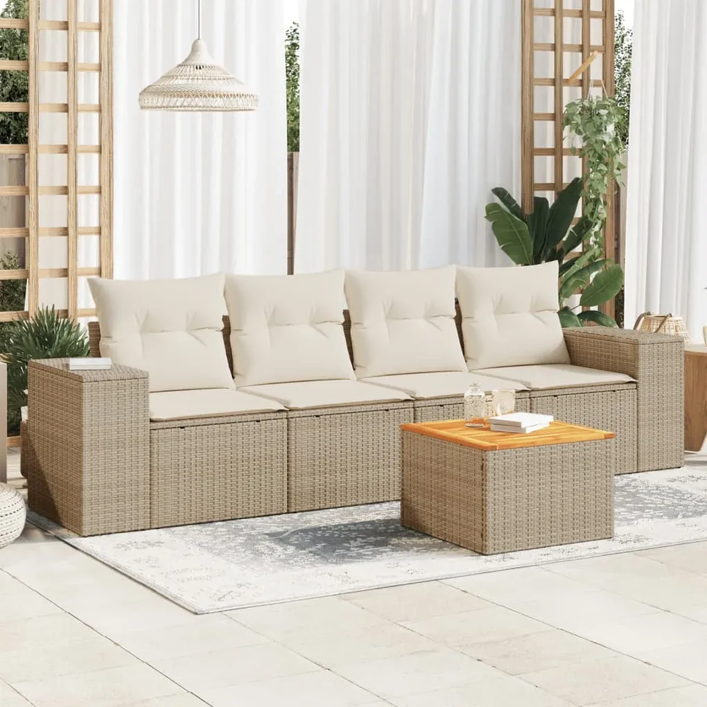 Set divano da giardino 5 pz con cuscini beige in polyrattan